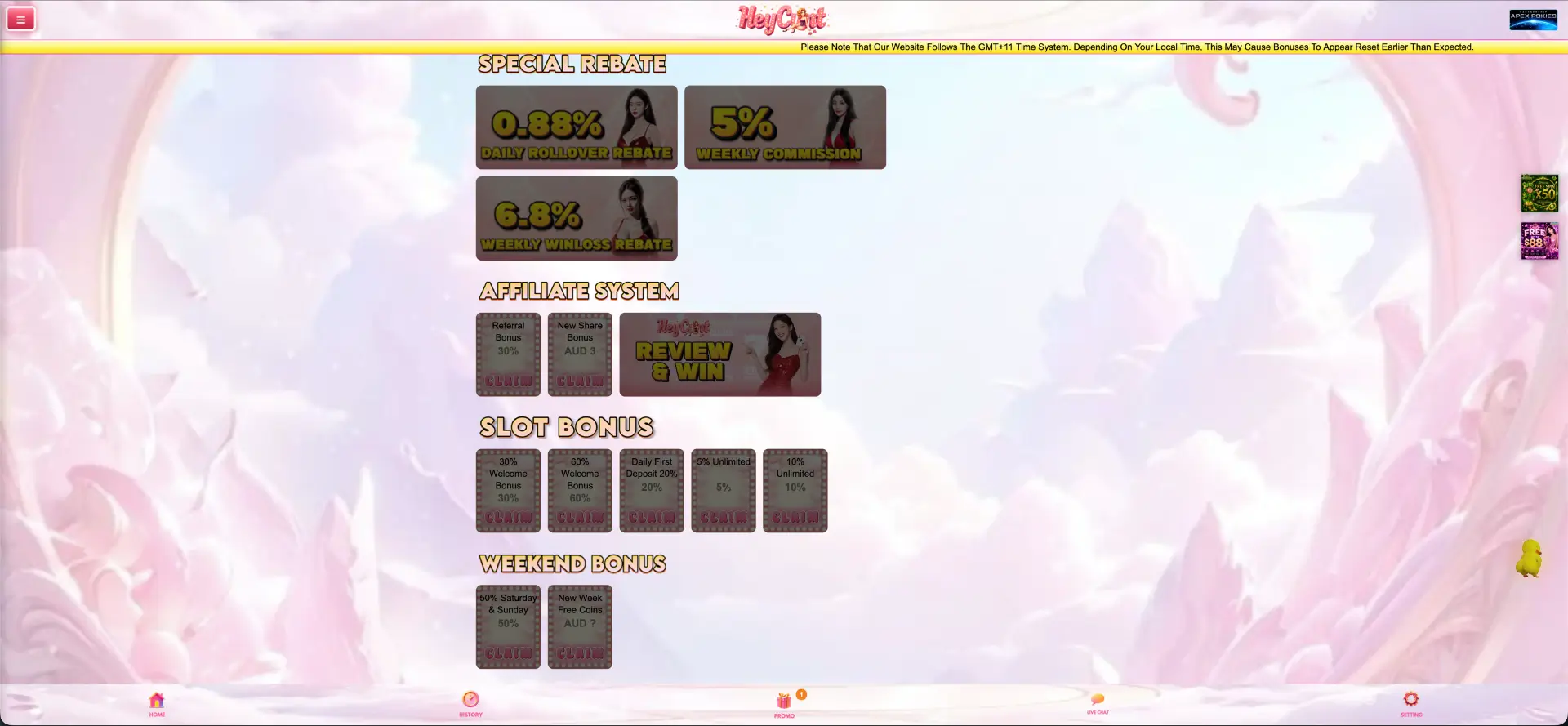 HeyCunt casino welcome and deposit bonus screen