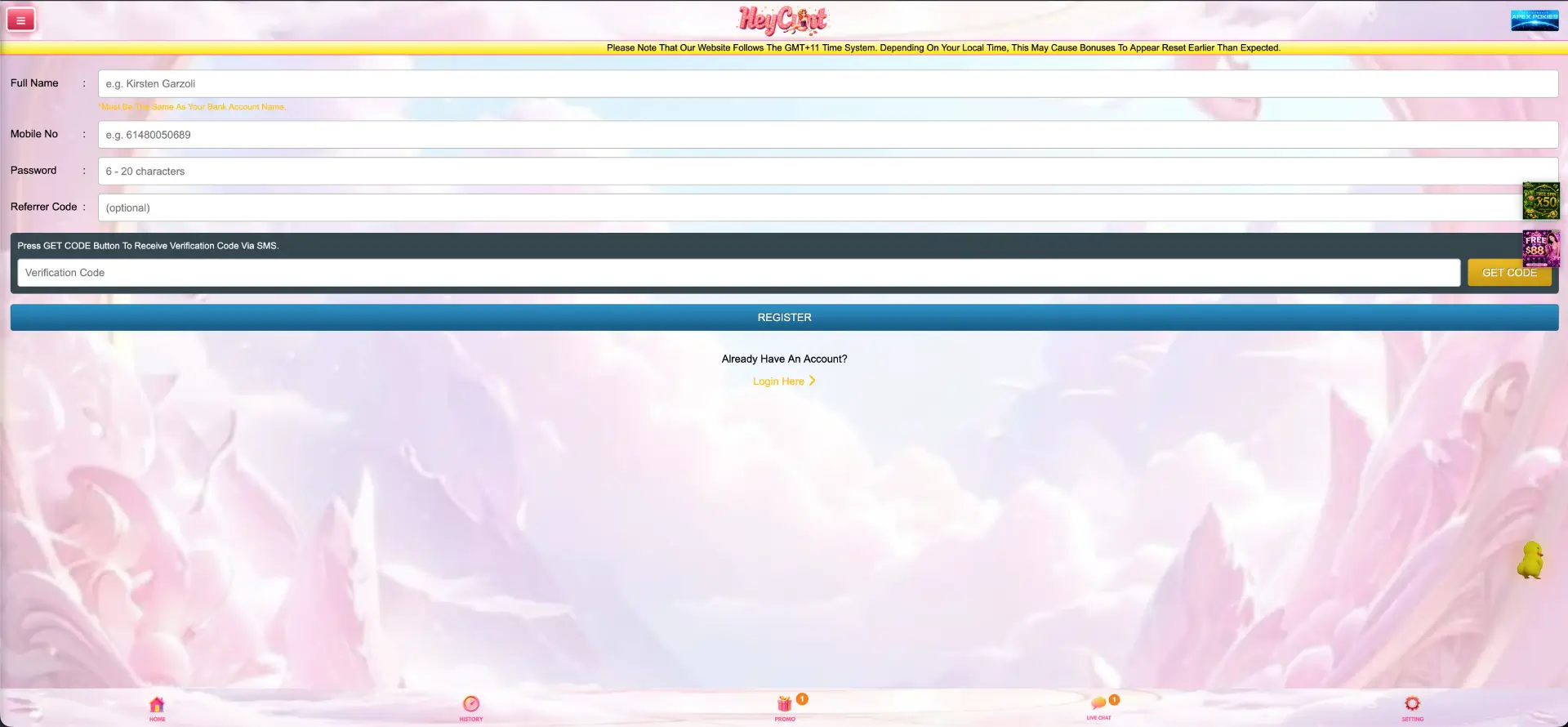 HeyCunt registration screen with SMS verification